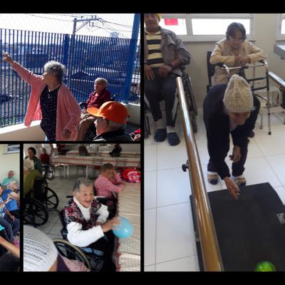 Atividade: jogos adaptados As segundas e sextas reúnem-se os idosos no espaço externo destinado a jogos adaptados, esses jogos consistem em: basquete, vôlei, boliche e bexigas Objetivo: promover alongamento, evitar o imobilismo, otimizar força e amplitude de movimento